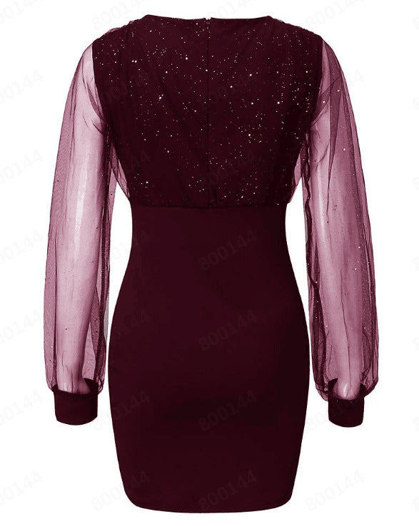 Mesh V-neck sequin dress