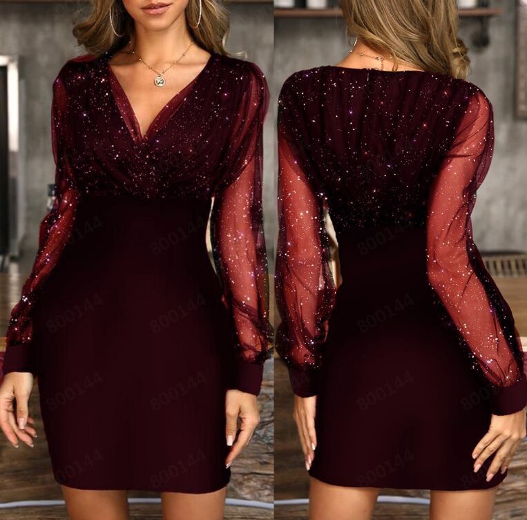 Mesh V-neck sequin dress