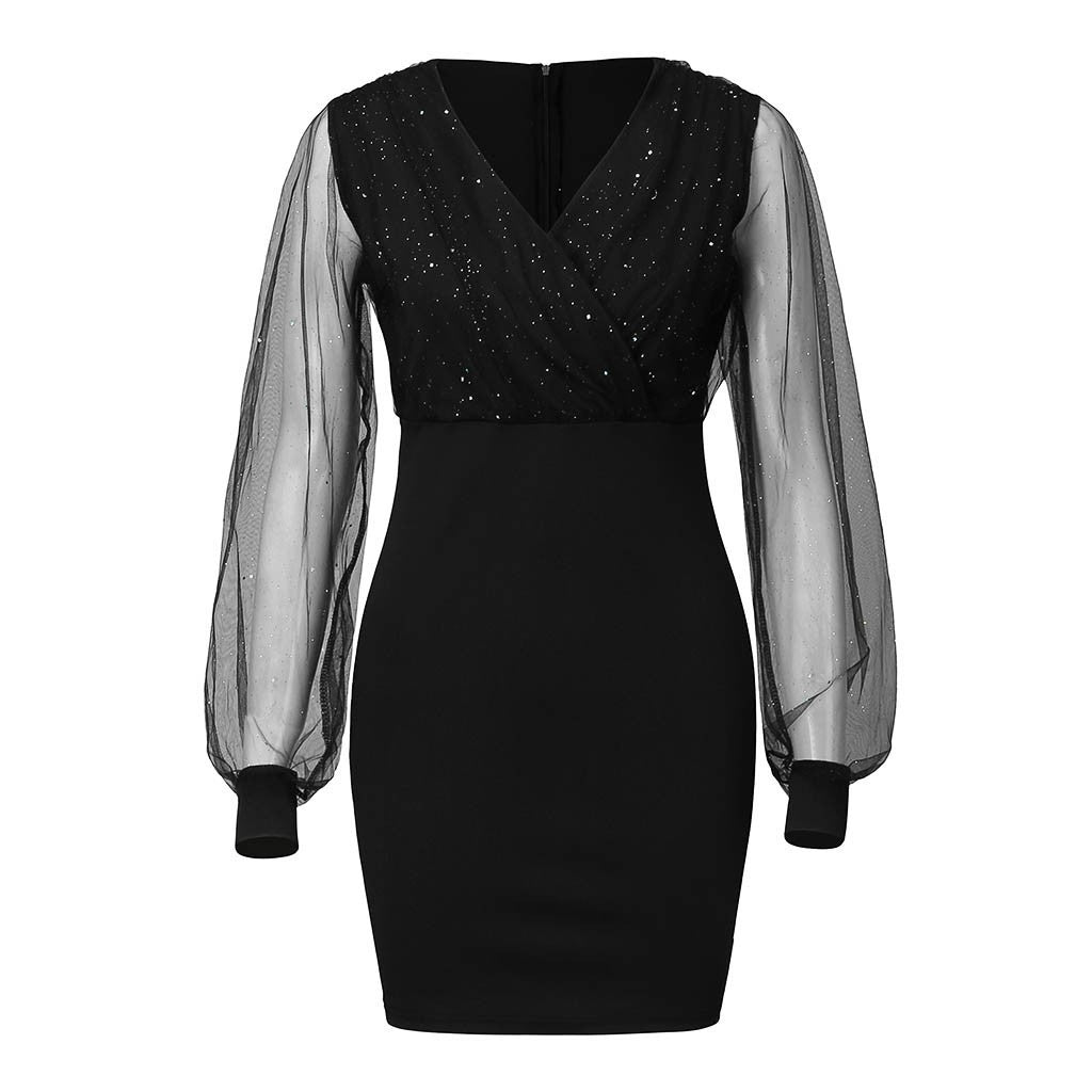 Mesh V-neck sequin dress