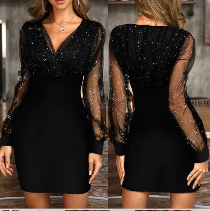 Mesh V-neck sequin dress