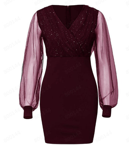 Mesh V-neck sequin dress