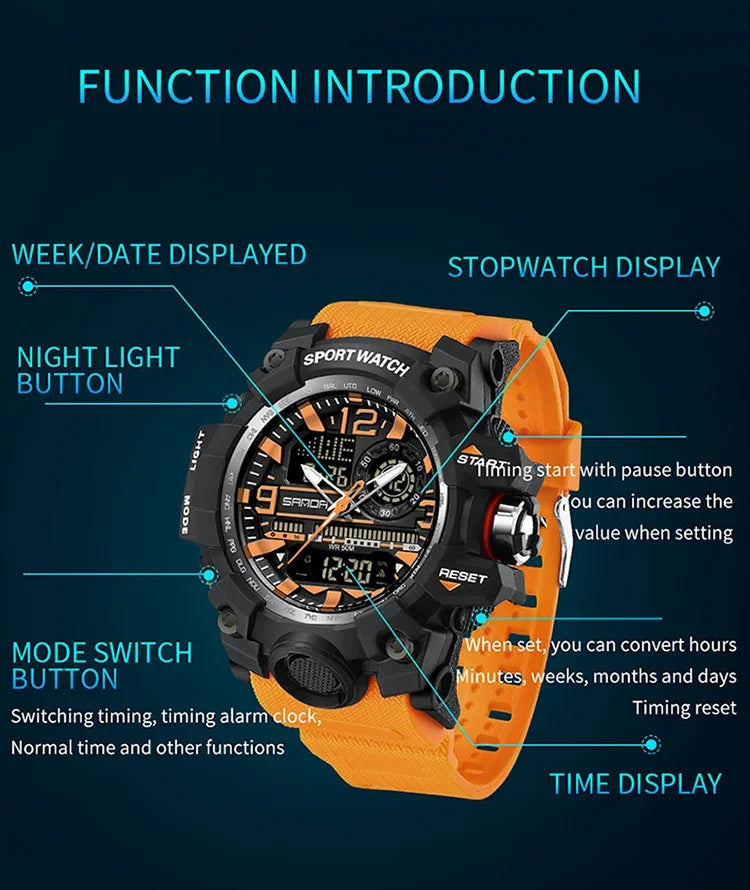 SANDA 3133  Student Electronic Wrist Clock Trendy Fashion Waterproof  Week Day Display Digital Analog Watch Alarm Mode Teenager